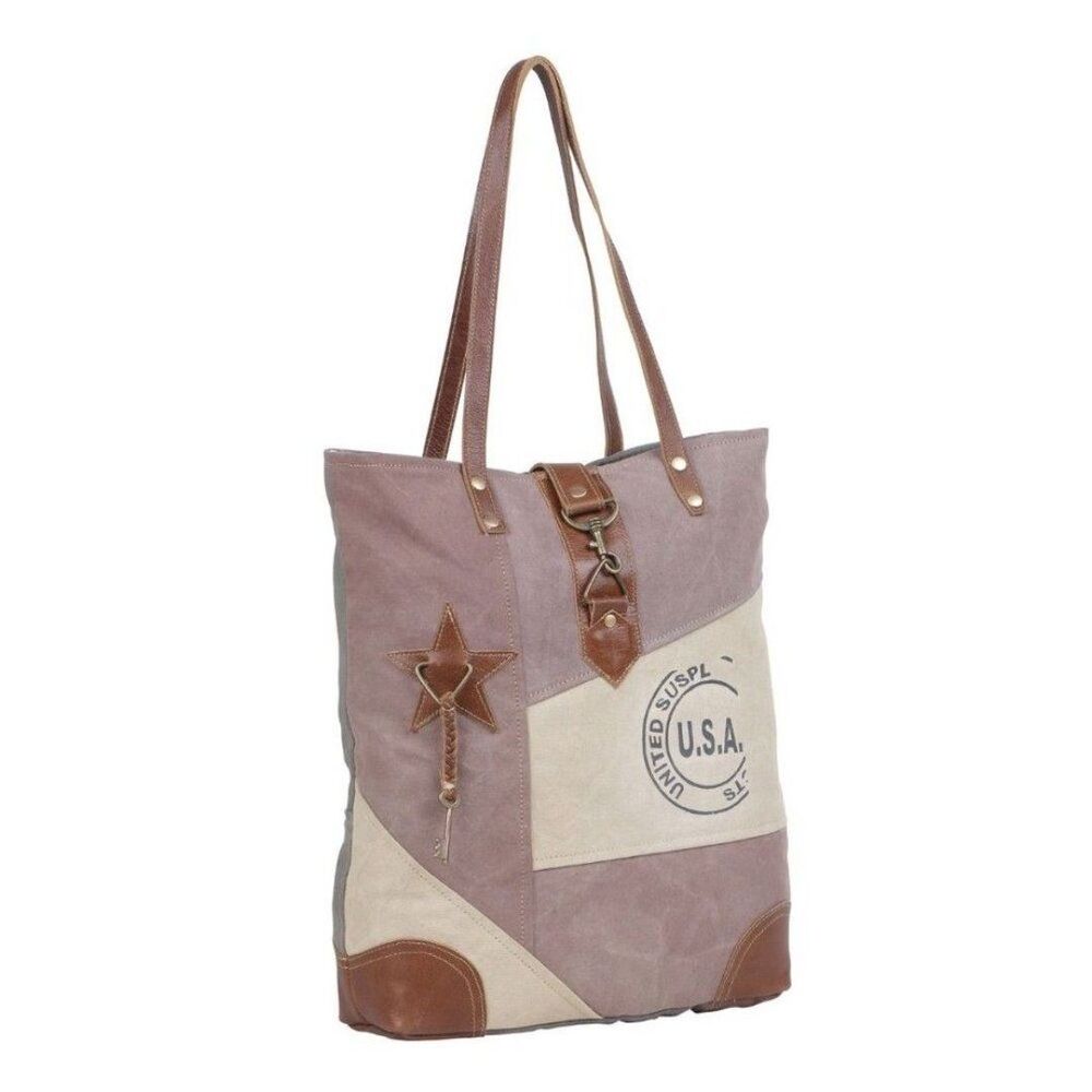 Myra Bag Handmade Undulate Tote Bag Upcycled Canvas & Cowhide Leather - Picture 2 of 8